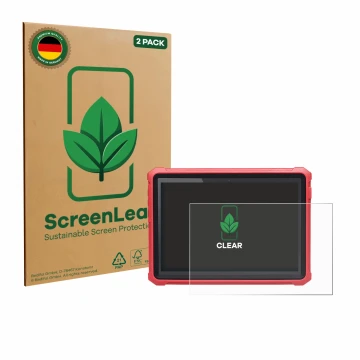 Parte frontal de un envase de producto con el logotipo de la marca ScreenLeaf. Al lado se muestra el dispositivo Launch X-431 