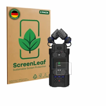 Parte frontal de un envase de producto con el logotipo de la marca ScreenLeaf. Al lado se muestra el dispositivo Zoom H5 Studi