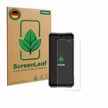 Parte frontal de un envase de producto con el logotipo de la marca ScreenLeaf. Al lado se muestra el dispositivo Doogee Blade 