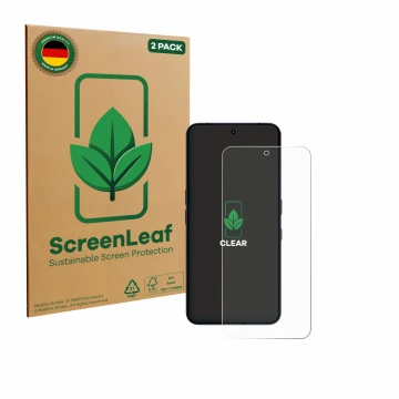 Parte frontal de un envase de producto con el logotipo de la marca ScreenLeaf. Al lado se muestra el dispositivo Nothing Phone