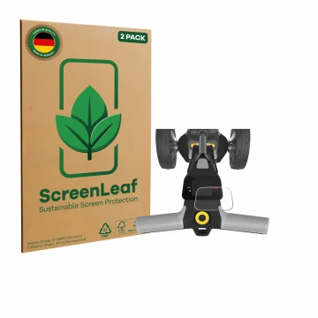 Parte frontal de un envase de producto con el logotipo de la marca ScreenLeaf. Al lado se muestra el dispositivo PowaKaddy CT6