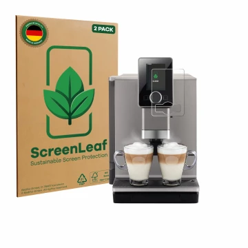 Parte frontal de un envase de producto con el logotipo de la marca ScreenLeaf. Al lado se muestra el dispositivo Nivona NICR 9