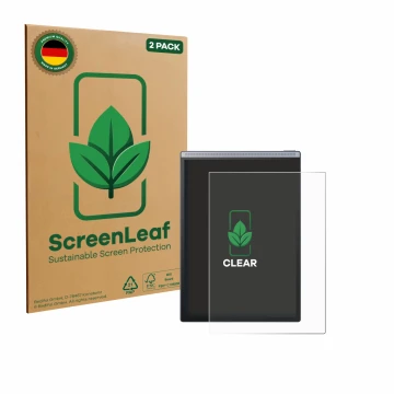 Parte frontal de un envase de producto con el logotipo de la marca ScreenLeaf. Al lado se muestra el dispositivo iflytek Ainot
