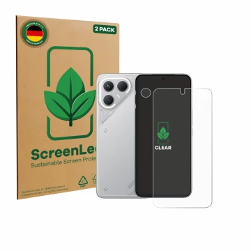 Parte frontal de un envase de producto con el logotipo de la marca ScreenLeaf. Al lado se muestra el dispositivo Tecno Pova 7 