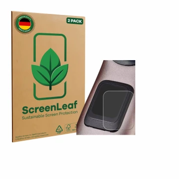 Parte frontal de un envase de producto con el logotipo de la marca ScreenLeaf. Al lado se muestra el dispositivo Specialized T