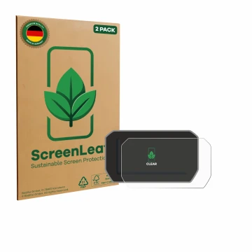 Parte frontal de un envase de producto con el logotipo de la marca ScreenLeaf. Al lado se muestra el dispositivo Ducati V4S 20