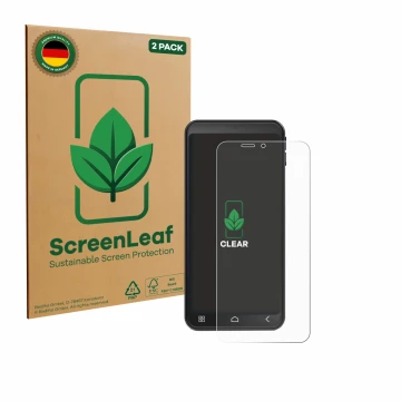 Parte frontal de un envase de producto con el logotipo de la marca ScreenLeaf. Al lado se muestra el dispositivo Emporia Smart