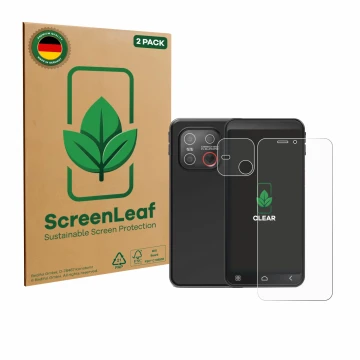 Parte frontal de un envase de producto con el logotipo de la marca ScreenLeaf. Al lado se muestra el dispositivo Emporia Smart
