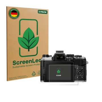Parte frontal de un envase de producto con el logotipo de la marca ScreenLeaf. Al lado se muestra el dispositivo Olympus OM Sy