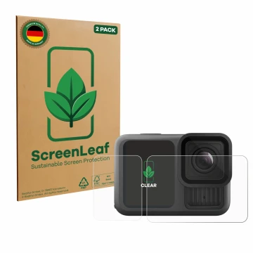 Parte frontal de un envase de producto con el logotipo de la marca ScreenLeaf. Al lado se muestra el dispositivo GoPro Hero 13