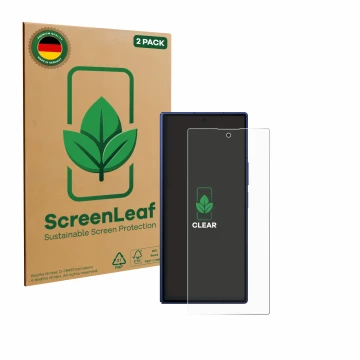 Parte frontal de un envase de producto con el logotipo de la marca ScreenLeaf. Al lado se muestra el dispositivo Samsung Galax