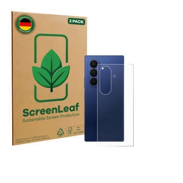 Parte frontal de un envase de producto con el logotipo de la marca ScreenLeaf. Al lado se muestra el dispositivo Samsung Galax
