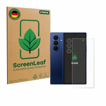 Parte frontal de un envase de producto con el logotipo de la marca ScreenLeaf. Al lado se muestra el dispositivo Samsung Galax
