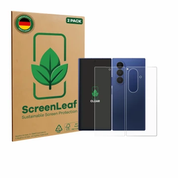 Parte frontal de un envase de producto con el logotipo de la marca ScreenLeaf. Al lado se muestra el dispositivo Samsung Galax