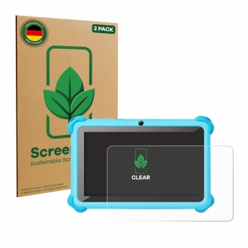 Parte frontal de un envase de producto con el logotipo de la marca ScreenLeaf. Al lado se muestra el dispositivo zcobro KIDS71