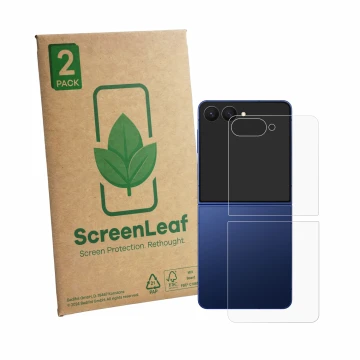 Parte frontal de un envase de producto con el logotipo de la marca ScreenLeaf. Al lado se muestra el dispositivo Samsung Galax
