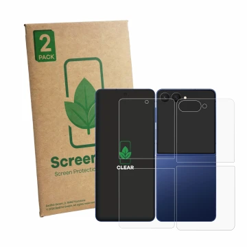 Parte frontal de un envase de producto con el logotipo de la marca ScreenLeaf. Al lado se muestra el dispositivo Samsung Galax
