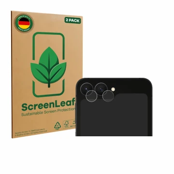 Parte frontal de un envase de producto con el logotipo de la marca ScreenLeaf. Al lado se muestra el dispositivo Samsung Galax