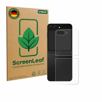Parte frontal de un envase de producto con el logotipo de la marca ScreenLeaf. Al lado se muestra el dispositivo Samsung Galax
