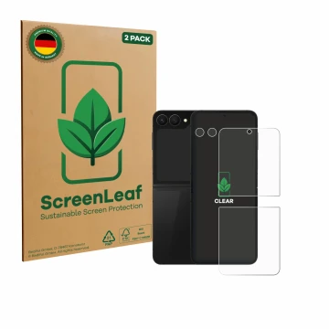 Parte frontal de un envase de producto con el logotipo de la marca ScreenLeaf. Al lado se muestra el dispositivo Samsung Galax