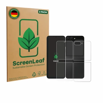 Parte frontal de un envase de producto con el logotipo de la marca ScreenLeaf. Al lado se muestra el dispositivo Samsung Galax
