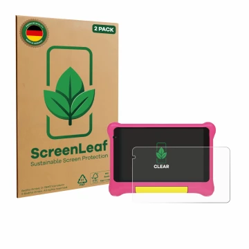 Parte frontal de un envase de producto con el logotipo de la marca ScreenLeaf. Al lado se muestra el dispositivo Happybe Kids 