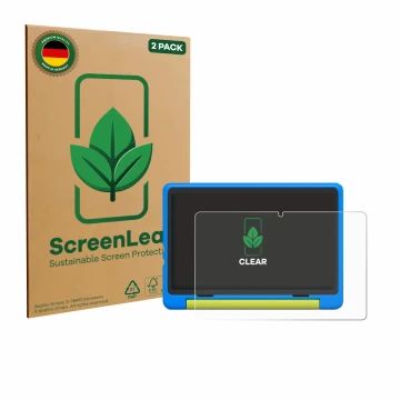 Parte frontal de un envase de producto con el logotipo de la marca ScreenLeaf. Al lado se muestra el dispositivo Happybe Kids 