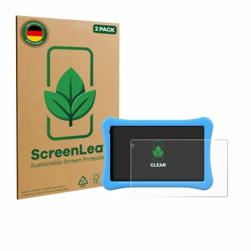 Parte frontal de un envase de producto con el logotipo de la marca ScreenLeaf. Al lado se muestra el dispositivo Awow funtab 1