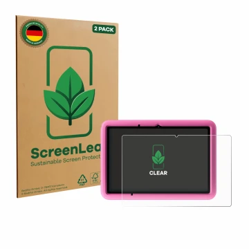 Parte frontal de un envase de producto con el logotipo de la marca ScreenLeaf. Al lado se muestra el dispositivo Blackview Tab