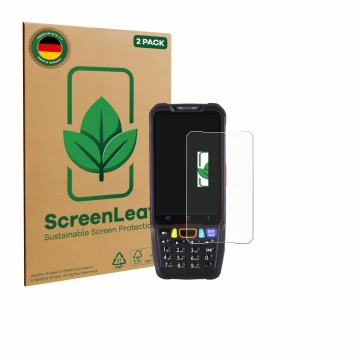 Parte frontal de un envase de producto con el logotipo de la marca ScreenLeaf. Al lado se muestra el dispositivo Point Mobile 