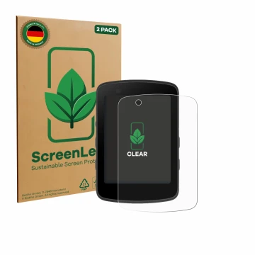 Parte frontal de un envase de producto con el logotipo de la marca ScreenLeaf. Al lado se muestra el dispositivo Bryton Rider 