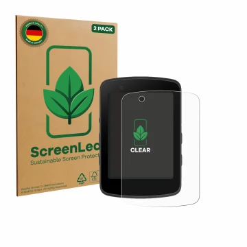 Parte frontal de un envase de producto con el logotipo de la marca ScreenLeaf. Al lado se muestra el dispositivo Bryton Rider 