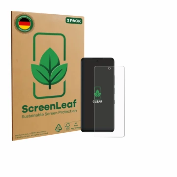 Parte frontal de un envase de producto con el logotipo de la marca ScreenLeaf. Al lado se muestra el dispositivo TCL 50 Pro NX