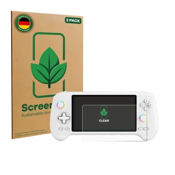 Parte frontal de un envase de producto con el logotipo de la marca ScreenLeaf. Al lado se muestra el dispositivo Anbernic RG55