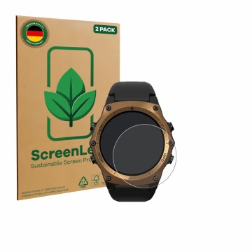 Parte frontal de un envase de producto con el logotipo de la marca ScreenLeaf. Al lado se muestra el dispositivo Shearwater Te