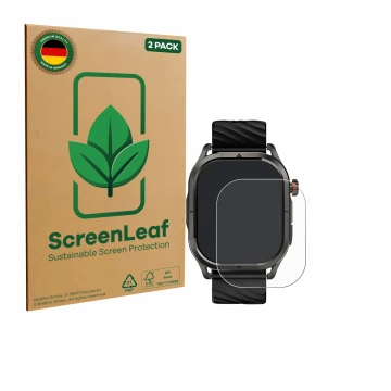 Parte frontal de un envase de producto con el logotipo de la marca ScreenLeaf. Al lado se muestra el dispositivo Kospet Magic 