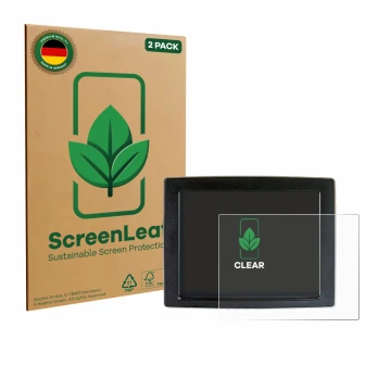 Parte frontal de un envase de producto con el logotipo de la marca ScreenLeaf. Al lado se muestra el dispositivo John Deere Gr