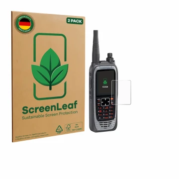 Parte frontal de un envase de producto con el logotipo de la marca ScreenLeaf. Al lado se muestra el dispositivo Icom IC-A25NE