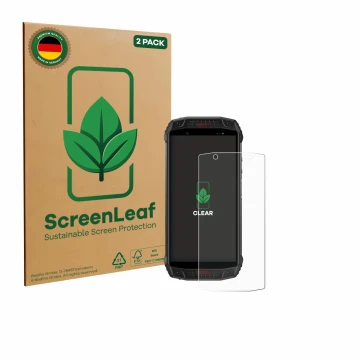 Parte frontal de un envase de producto con el logotipo de la marca ScreenLeaf. Al lado se muestra el dispositivo Ulefone Armor
