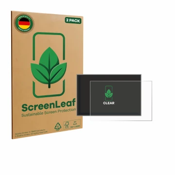 Parte frontal de un envase de producto con el logotipo de la marca ScreenLeaf. Al lado se muestra el dispositivo Renault Maste