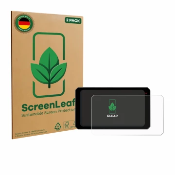Parte frontal de un envase de producto con el logotipo de la marca ScreenLeaf. Al lado se muestra el dispositivo Chigee AIO-6 