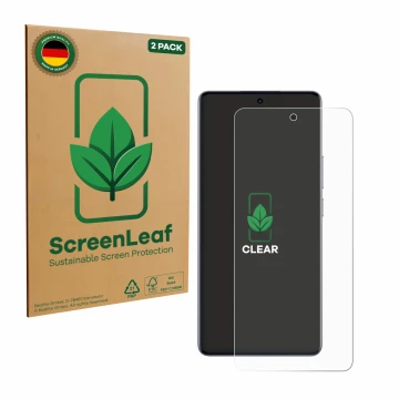 Parte frontal de un envase de producto con el logotipo de la marca ScreenLeaf. Al lado se muestra el dispositivo realme 15 Pro