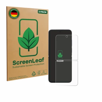 Parte frontal de un envase de producto con el logotipo de la marca ScreenLeaf. Al lado se muestra el dispositivo Xiaomi MIX Fl