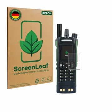 Parte frontal de un envase de producto con el logotipo de la marca ScreenLeaf. Al lado se muestra el dispositivo Baofeng DM-32