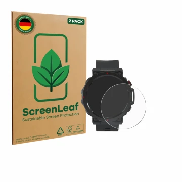 Parte frontal de un envase de producto con el logotipo de la marca ScreenLeaf. Al lado se muestra el dispositivo Crivit Sport-