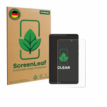 Parte frontal de un envase de producto con el logotipo de la marca ScreenLeaf. Al lado se muestra el dispositivo Lenovo Tab On