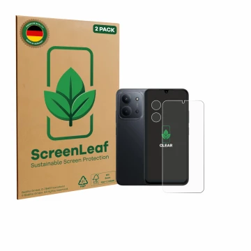 Parte frontal de un envase de producto con el logotipo de la marca ScreenLeaf. Al lado se muestra el dispositivo Xiaomi Redmi 