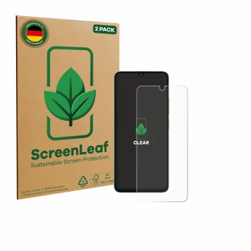 Parte frontal de un envase de producto con el logotipo de la marca ScreenLeaf. Al lado se muestra el dispositivo Oukitel C59 P