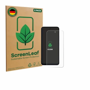 Parte frontal de un envase de producto con el logotipo de la marca ScreenLeaf. Al lado se muestra el dispositivo Xiaomi Redmi 