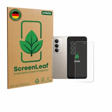 Parte frontal de un envase de producto con el logotipo de la marca ScreenLeaf. Al lado se muestra el dispositivo Xiaomi Redmi 